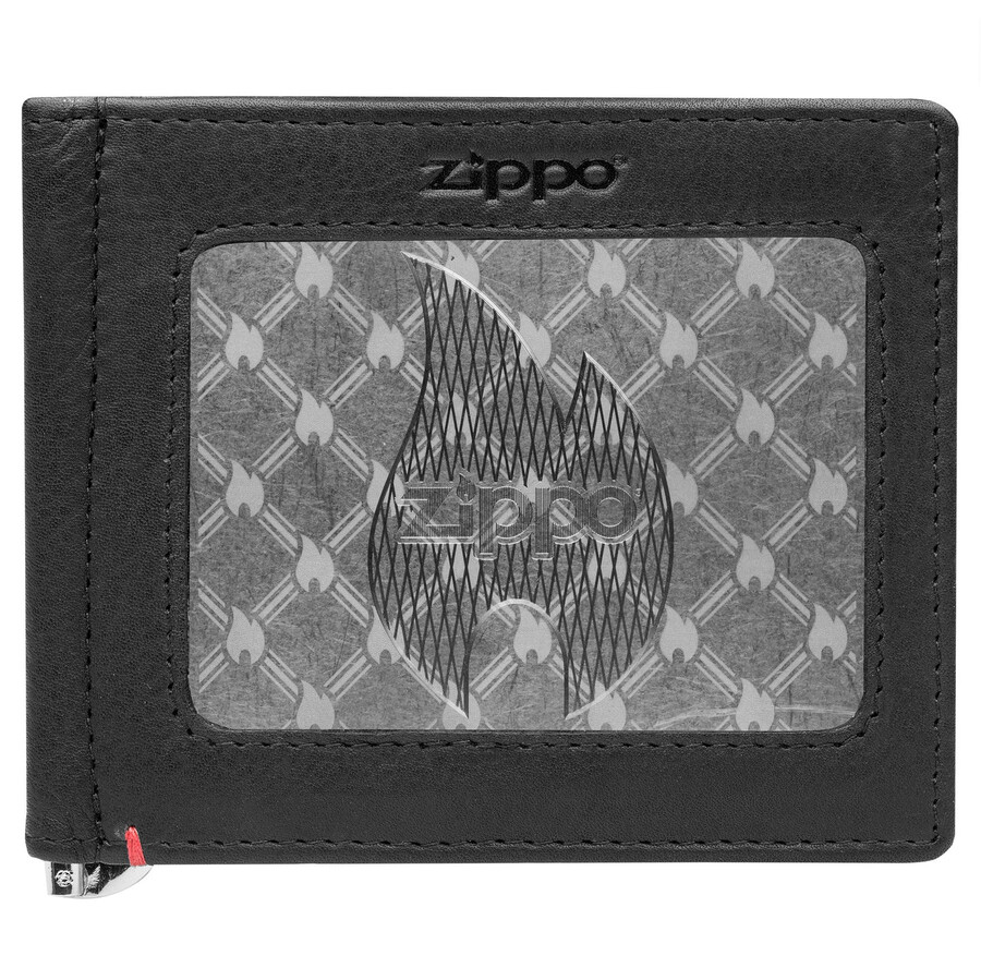 ブラックレザーウォレット - zippoフレイムメタルプレートデザイン