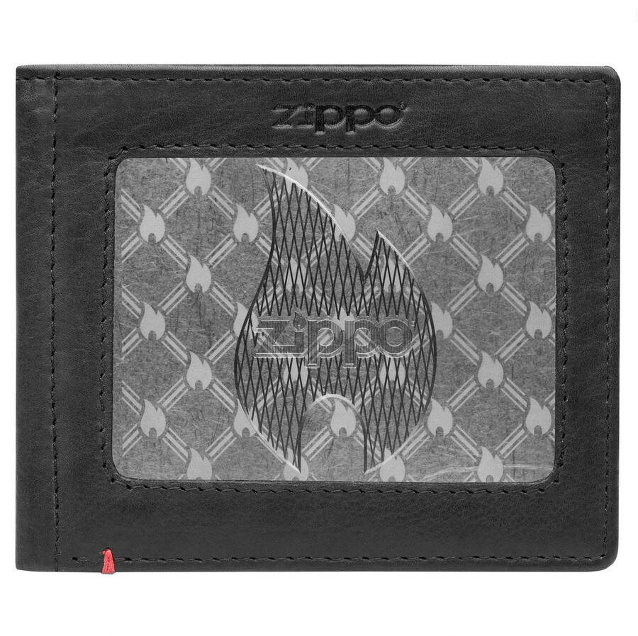 ブラックレザーウォレット - zippoフレイムメタルプレートデザイン